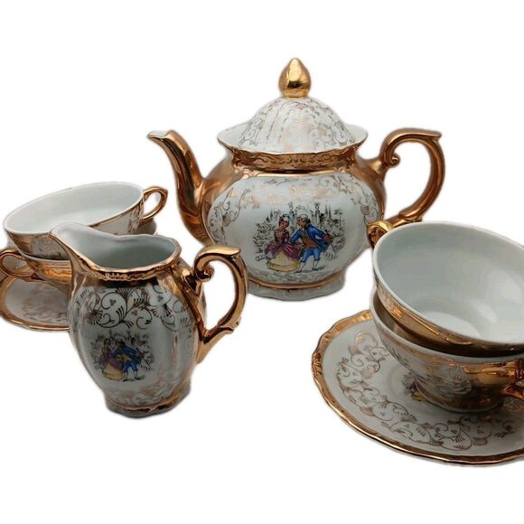 VTG Fragonard Courting Couple W/Gold Accents Gilded 22pc Tea Set Italy Victorian - Picture 1 of 15